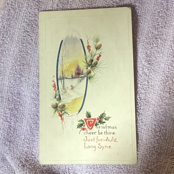 New Vintage Christmas Postcard Auld Lang Syne Winter Scene Pinecones Holly - Picture 1 of 9
